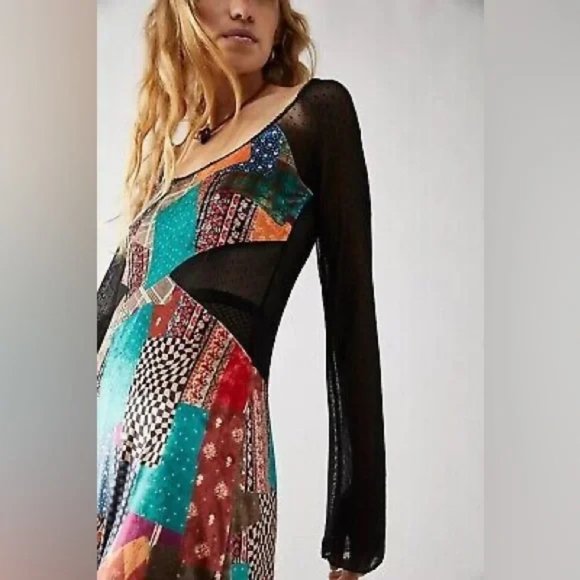 NEW FREE PEOPLE PARKER PATCHWORK VELVET MESH MAXI DRESS XS S M 💚🧡💙 - Picture 8 of 9